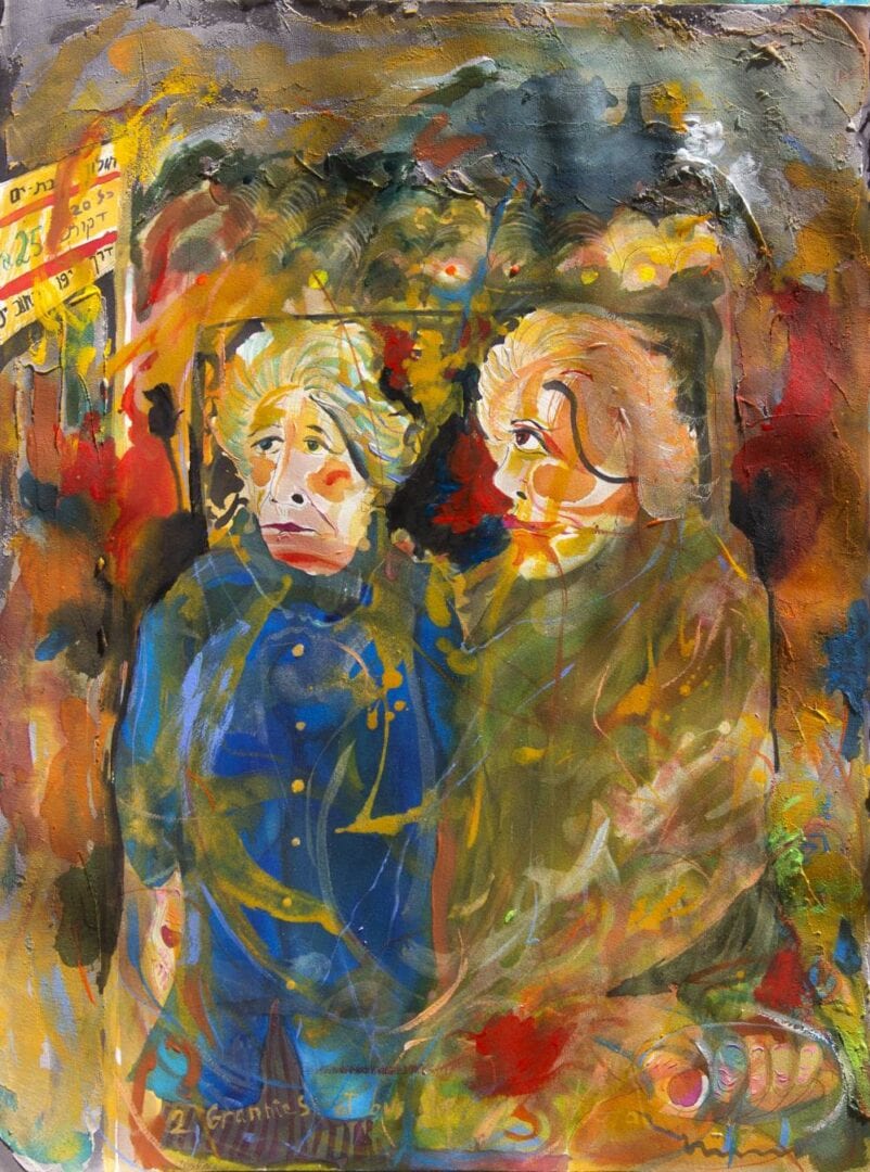 Painting called 2 Grannies at Bus Stop