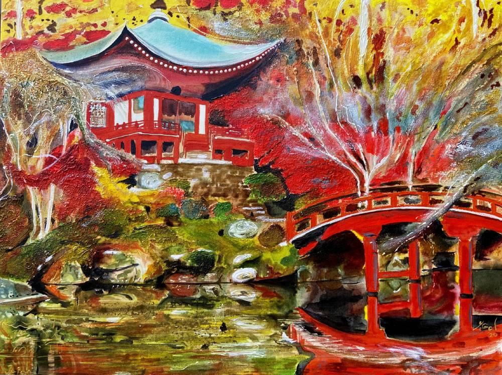 Painting of a temple over a river in Japan