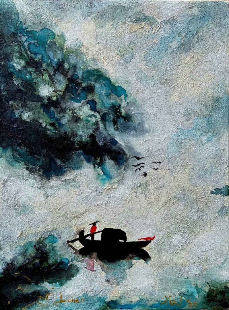 Painting of a lone individual on a river