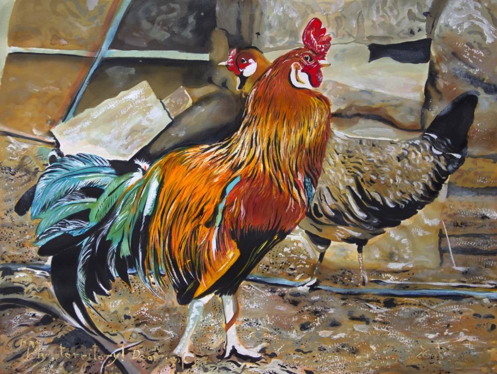 Painting of two chickens