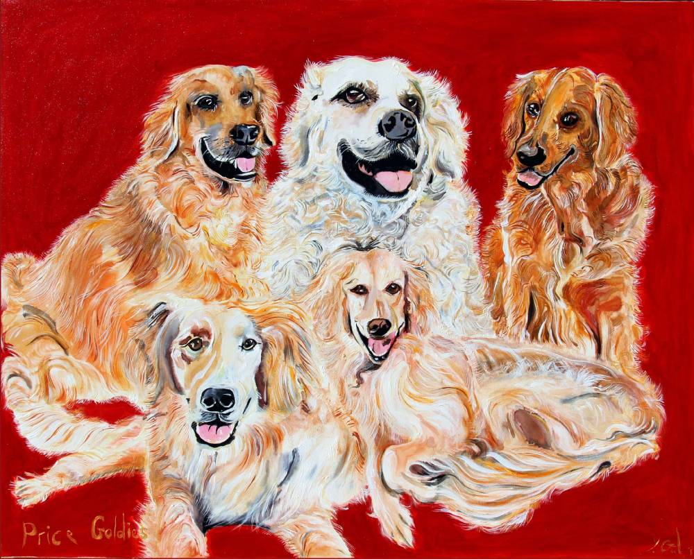 Painting of five furry dogs