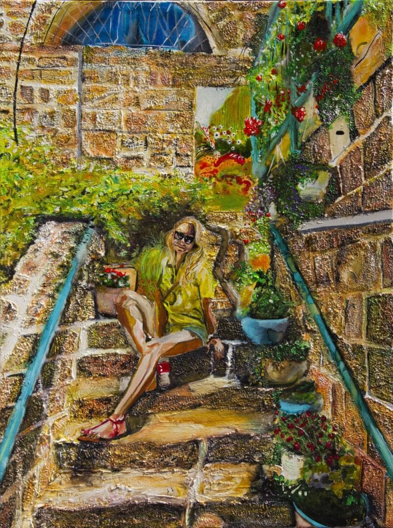 Painting of a woman sitting on the stairs