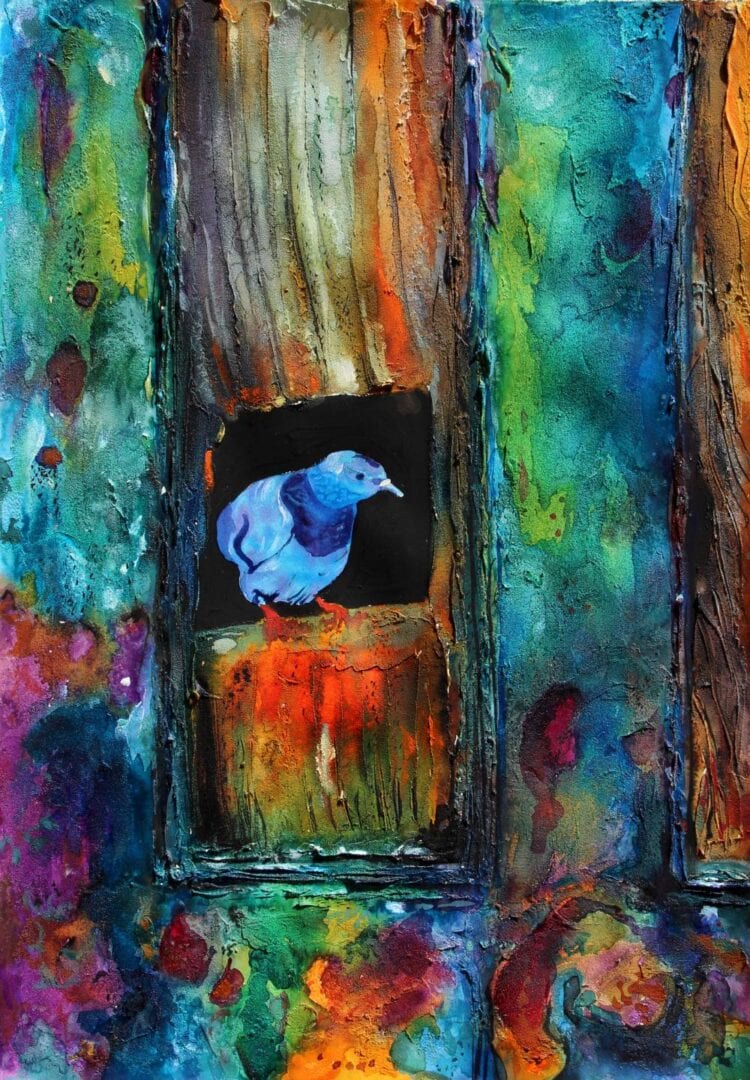 Painting of a blue bird standing on a window