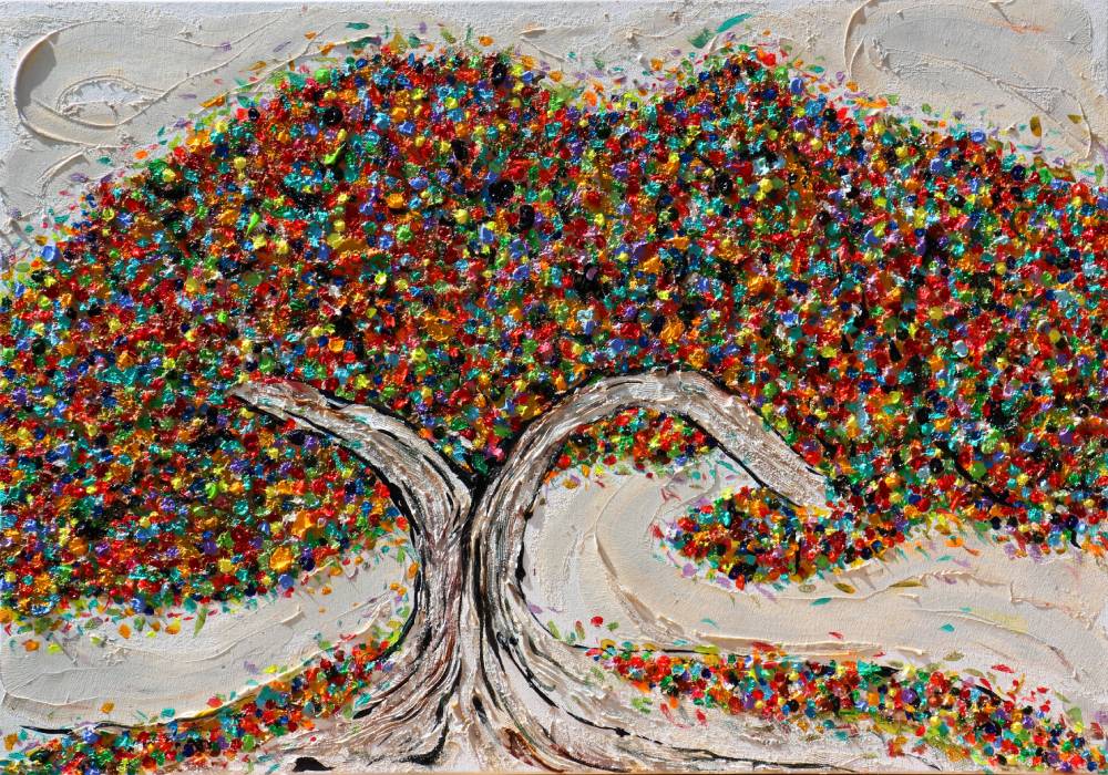 Painting of a tree with different colored leaves